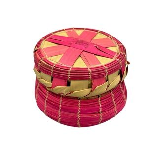 Handwoven Mini Lidded Basket Pink Natural Fiber Boho Storage Trinket